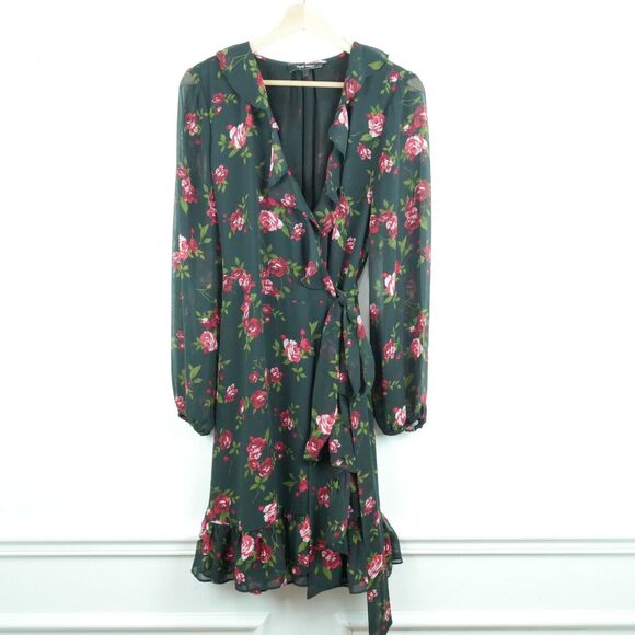 Nine West Dresses & Skirts - Nine West 8 Wrap Dress Dark Floral Rose Ruffle Sheer Whimsigoth Boho Feminine